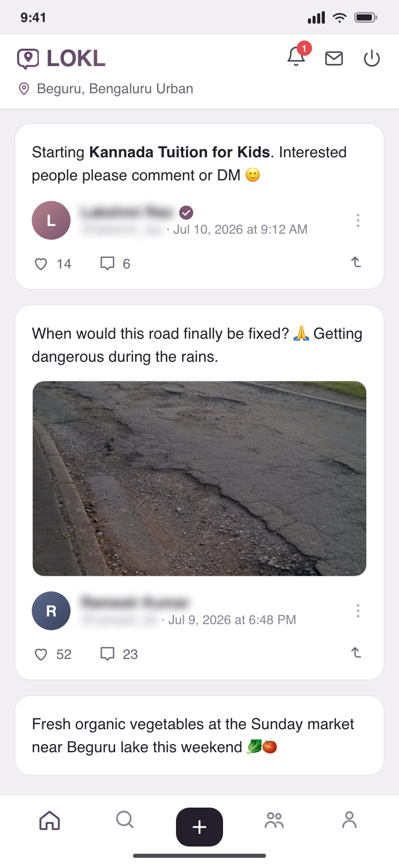 The LOKL app showing a locality-first feed